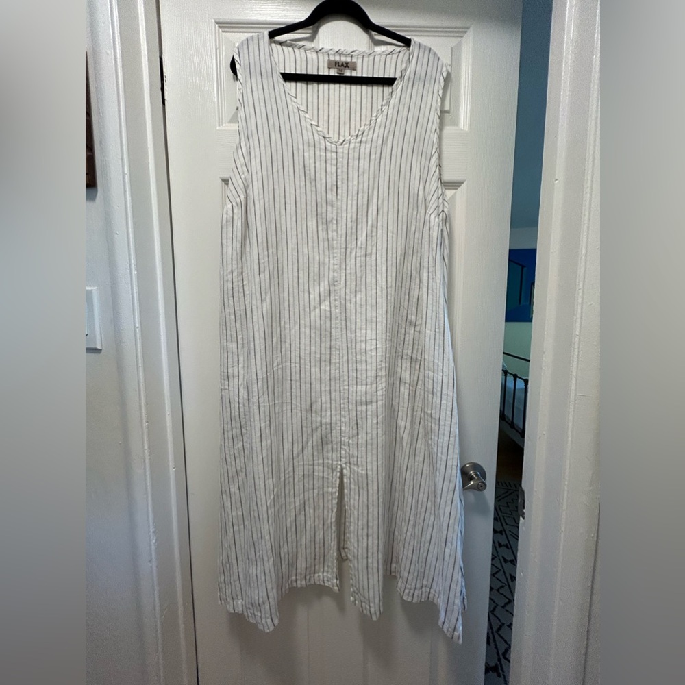 FLAX Designs Sleeveless Linen Striped Maxi Dress • POCKETS!!